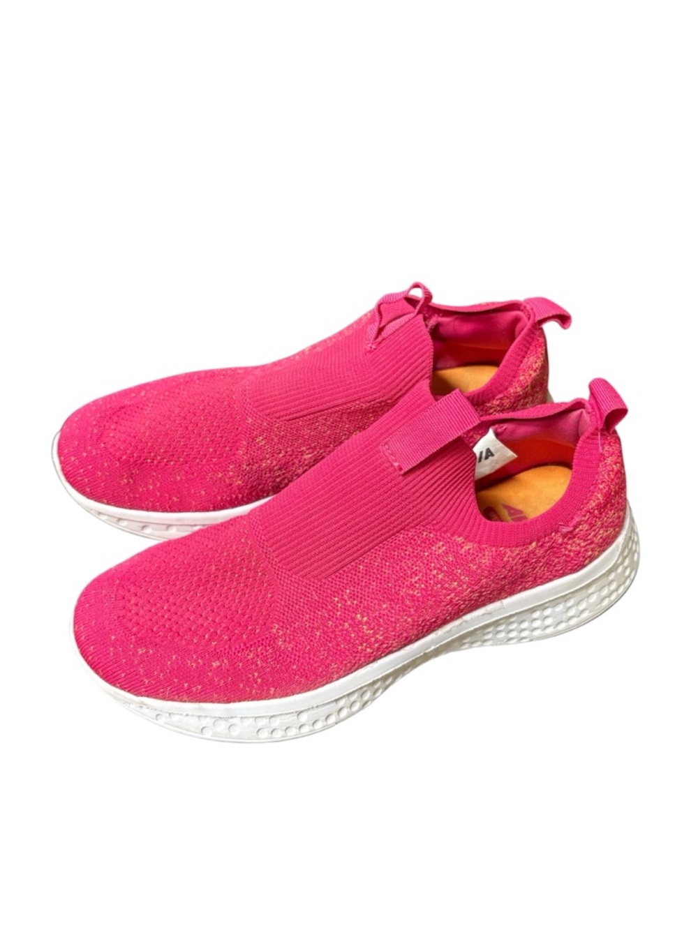 Avia Women's Slip-On Knit Sneakers in Bright Pink and White